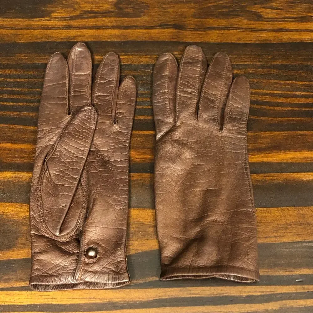 Vintage Van Raalte 100% Silk Brown Short Pair of Gloves Button Closure Formal